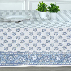 Sky Beau Blue Block Print Cotton Tablecloth for Dining & Events 72″x190
