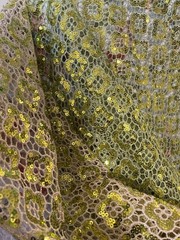 Gold Green Metallic Sequins Lace Fabric Geometri Guipure 56” W X 87” L