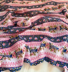Blue Pink Floral Hand Block Print Cotton Fabric Indian Sewing Fabric by Yard