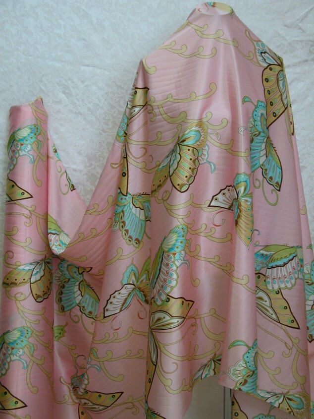 New 100% Silk Charmeuse Fabric Pink Butterfly Per Yard