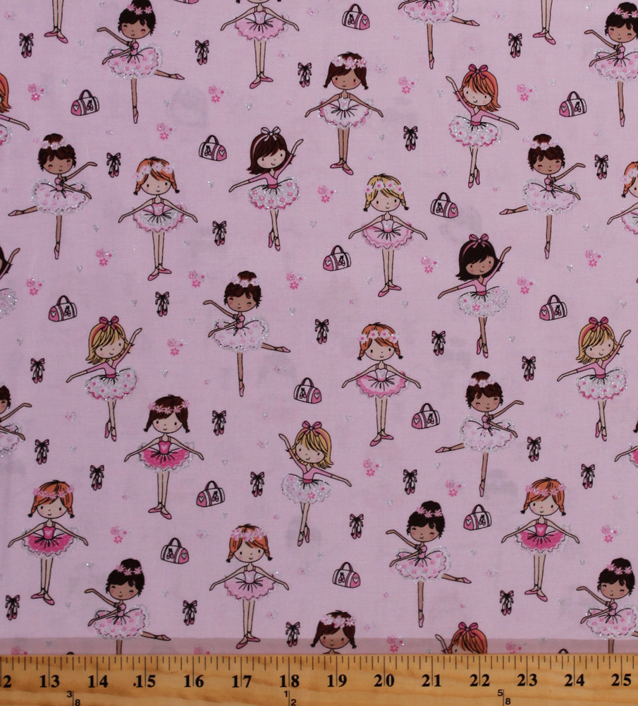 Ballerinas Ballet Slippers Pink Glitter Cotton Fabric Print by Yard D658.06