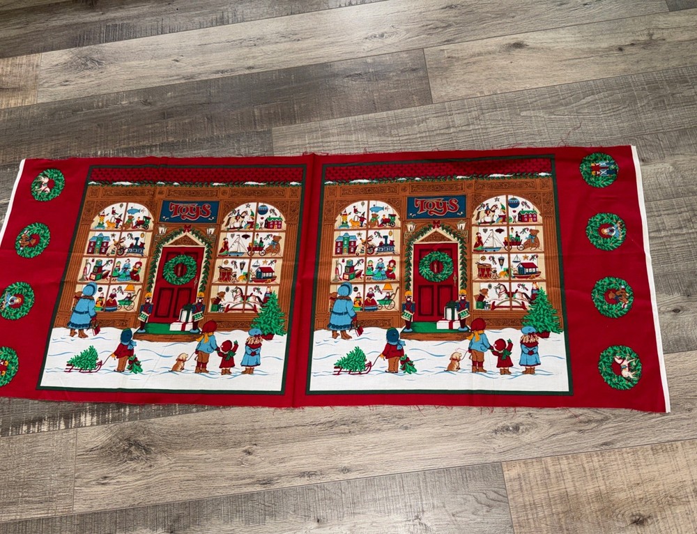 Cranston Print Works Co Christmas TOY SHOP Vintage Fabric Panel 42 x 17” RARE