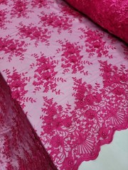 Fuchsia 3d Floral Embroidery Pearls Fabric By The Yard Quinceañera Dress Prom