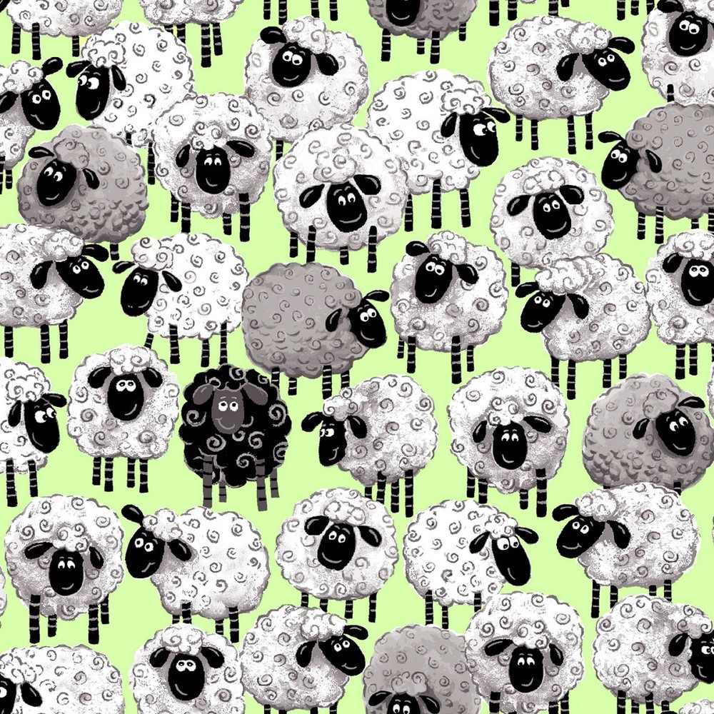 Susybee Allover Print Sheep Fabric- Lewe The Ewe- So Cute! Green Background!