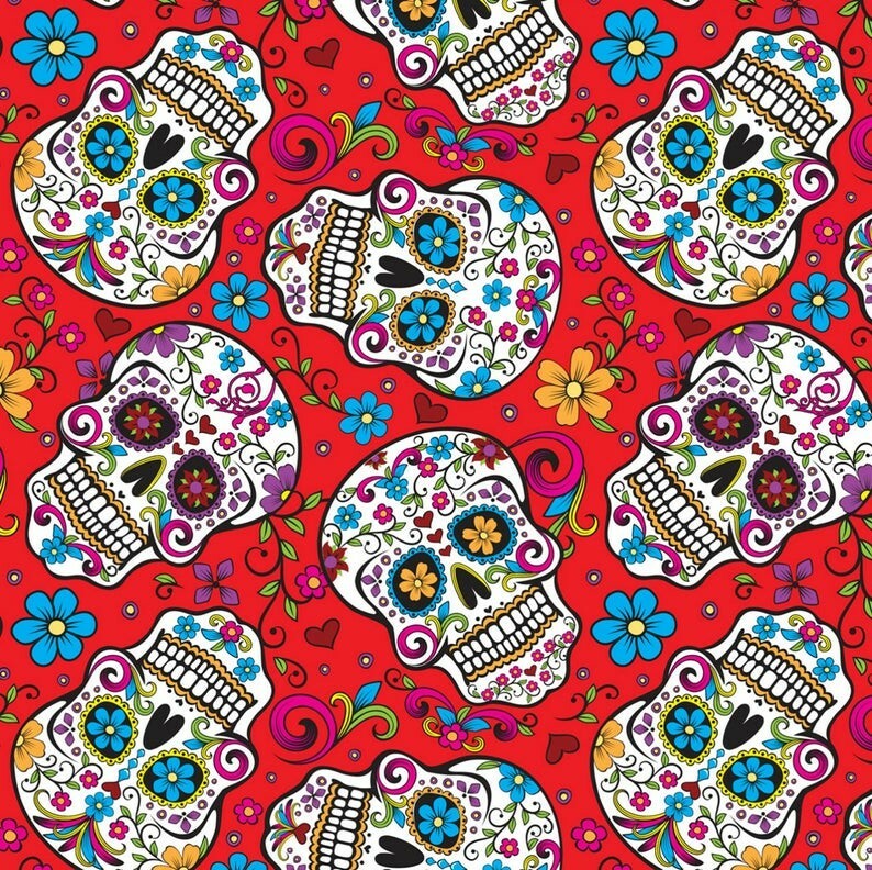 David Textiles Red Folkloric Sugar Skulls 100% cotton fabric BTY Mexican Day
