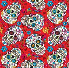 David Textiles Red Folkloric Sugar Skulls 100% cotton fabric BTY Mexican Day