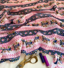 Blue Pink Floral Hand Block Print Cotton Fabric Indian Sewing Fabric by Yard