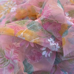 VTG 70s Flocked Nylon Sheer Fabric Psychedelic Pastel Floral Organza 2.9yds 44″