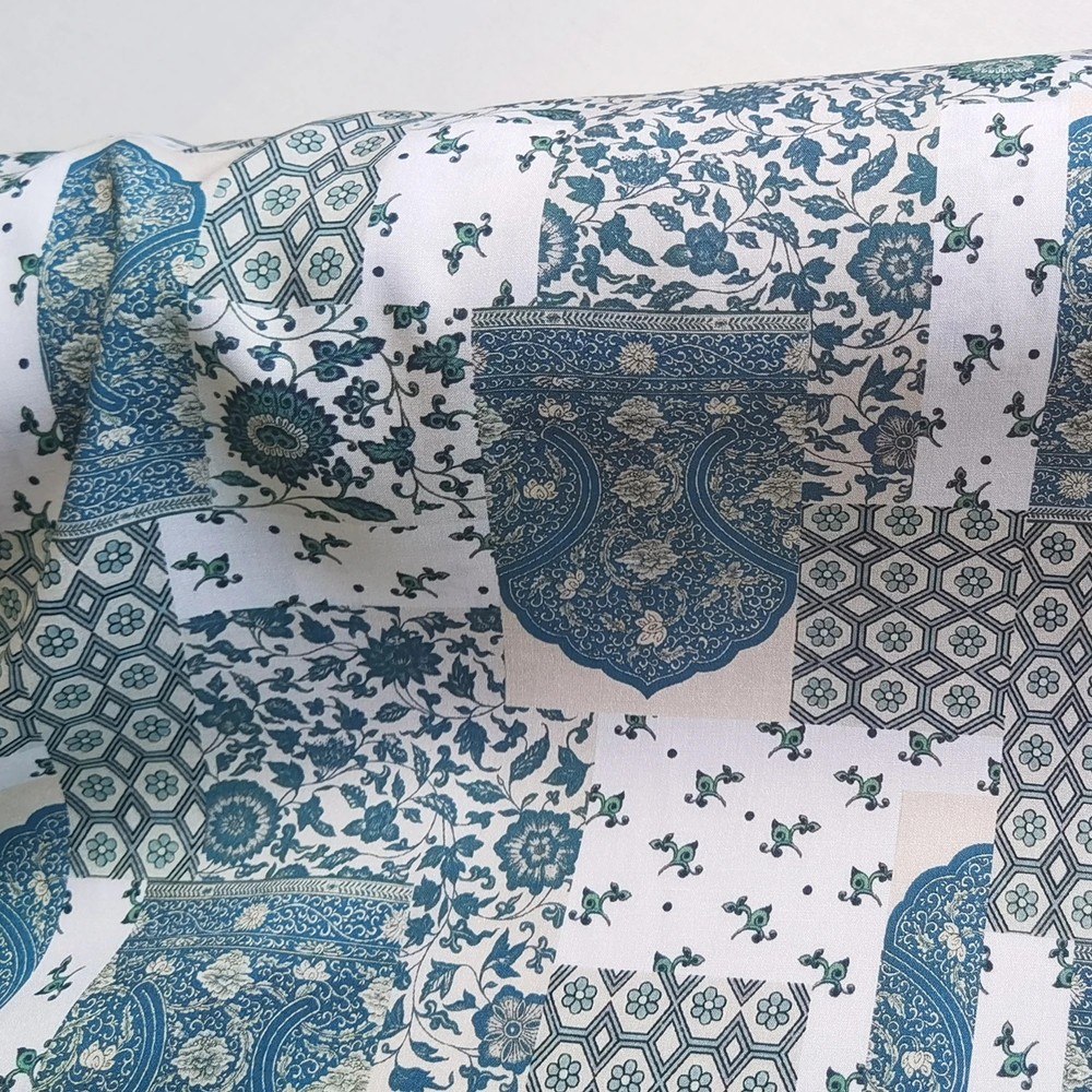 Blue Plaid Patchwork Fabric 55” Wide By Yard Soft Rayon Viscose Material Sewing