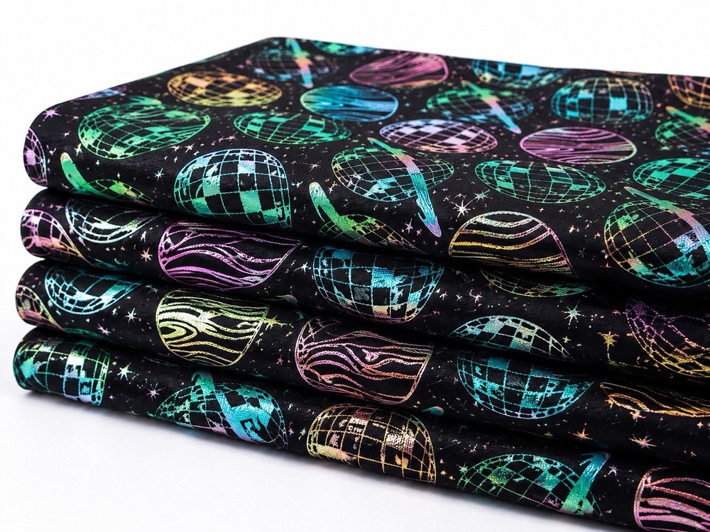 Pop! Holographic Disco Planets Interlock Knit Fabric Cotton Spandex 1 Yd 33’’