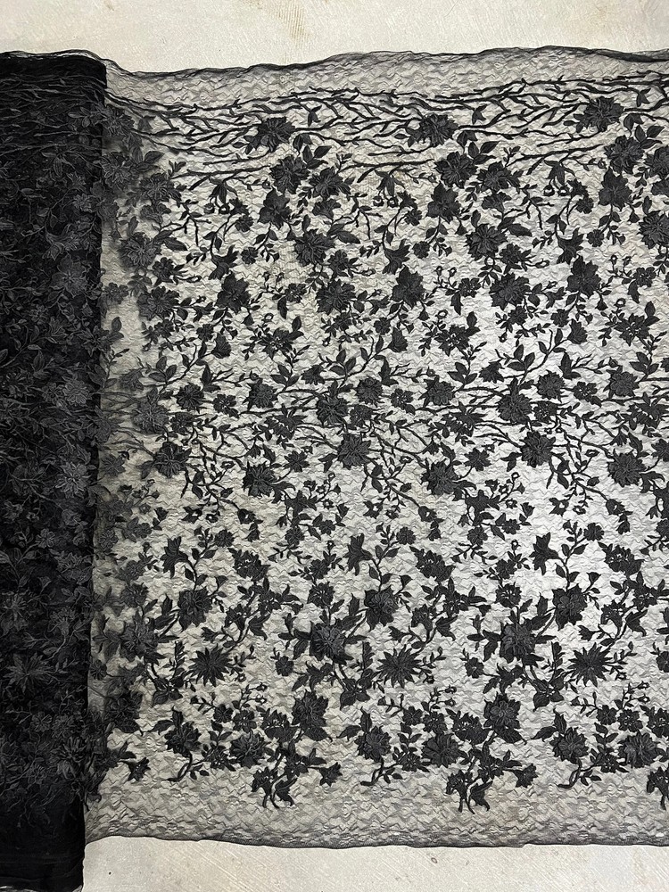 Nina BLACK Polyester 3D Floral Embroidery on Mesh Lace Fabric by the Yard – 100