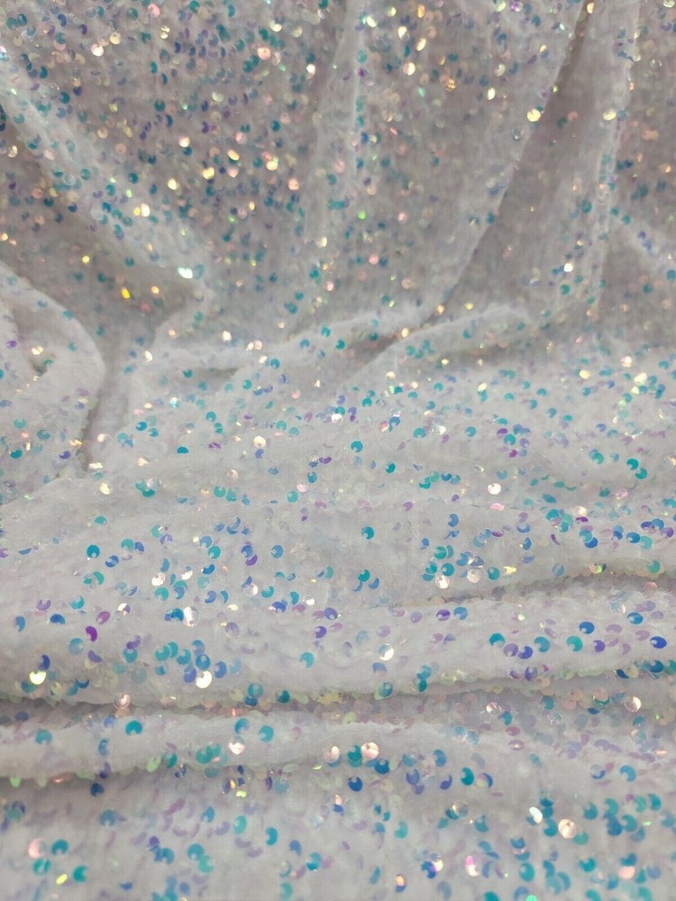 White Velvet Clear Iridescent Sequin Fabric By Yard Shine Sparkle Fashion Stretc
