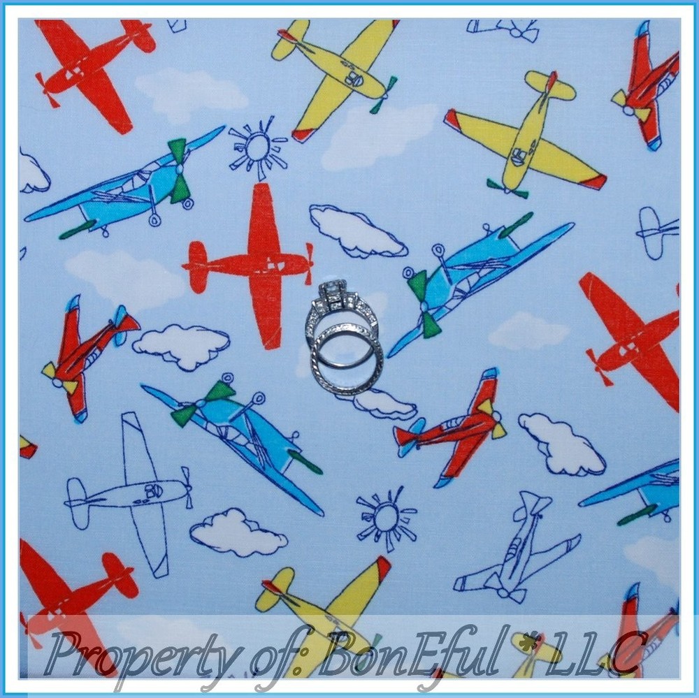 BonEful Fabric FQ Cotton Quilt Baby Boy Blue Cloud Sky Airplane Helicopter Retro