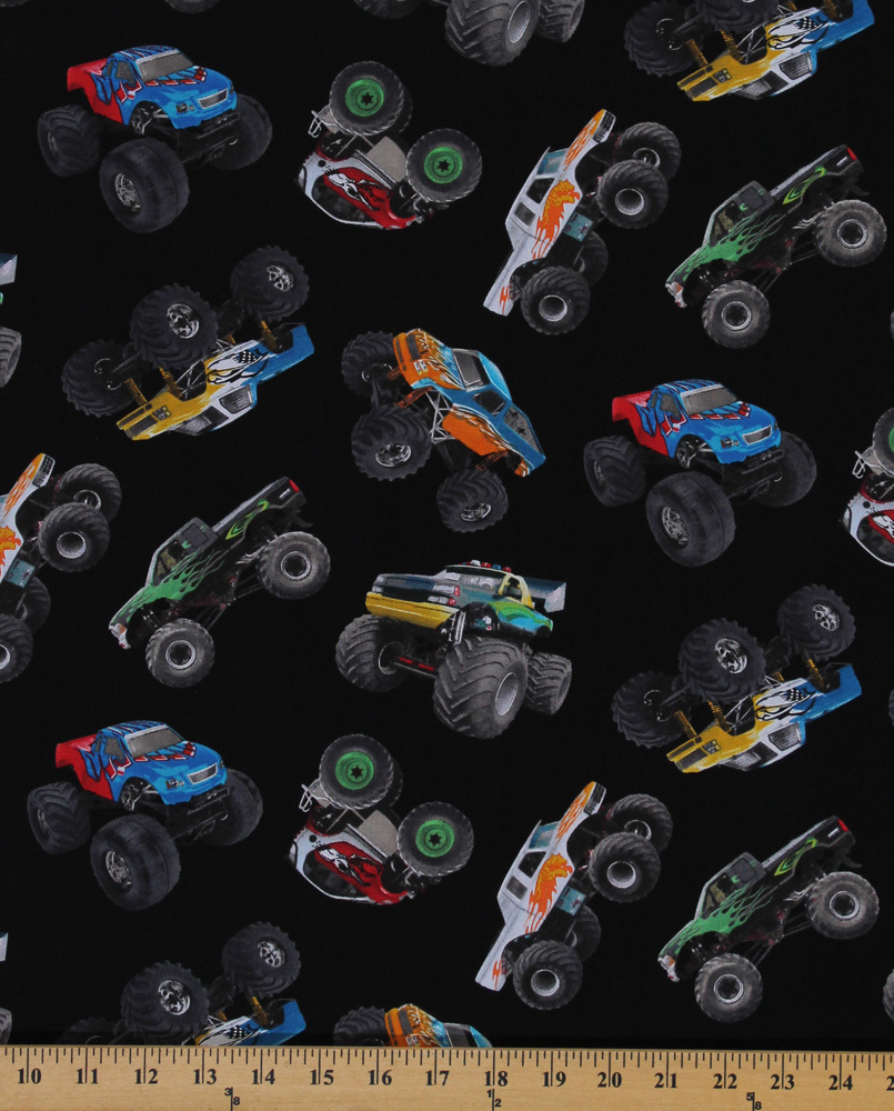 Monster Trucks Dirt Sports Crushers Black Cotton Fabric Print by Yard D471.28