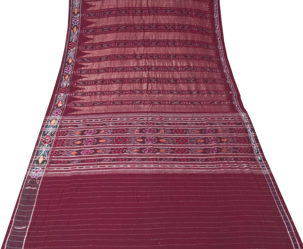 Sushila Vintage Pure Cotton Scrap Saree Hand Woven Ikat Sari 5 YD Remnant Fabric