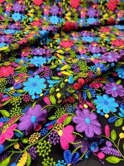 By The Yard Embroidered Multicolor Floral Black Mesh Lace Fabric For Dress