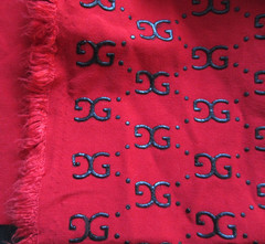 Red Polyester One Way Stretch Fabric GG Black Puff Paint 3D Design 68 Inches