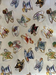 Cotton Teacups Cups Saucers Tea Party Cream Fabric Print One Yard D567.03
