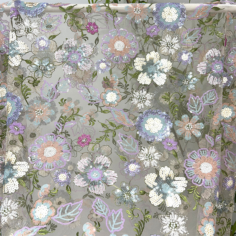 Flower Bead Embroidery Fabric Lace Tulle Dress Wedding Dress Fabric DIY Sewings