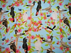 Tropical Fabric By Half-Yard Pink Floral Perched Parrots Birds on Blue Cotton #C