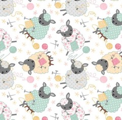 Knitting Sheep on White Comfy Cotton Flannel Fabric by the Yard