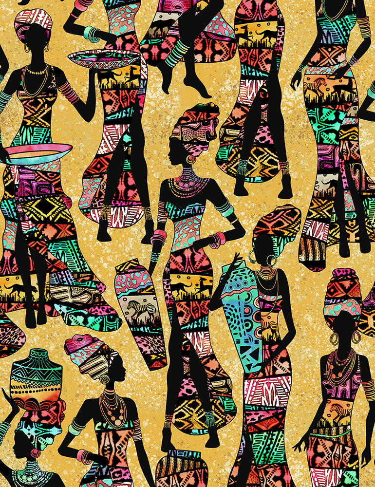 Fabric African Women Kente Dresses Sand Cotton 1/4 yard TIMELESS TREASURES 7420