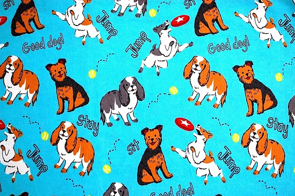 BTY*FACE MASKS*PLAYFUL PUPS/DOGS ON TURQUOISE 100% COTTON FLANNEL FABRIC 42X36″