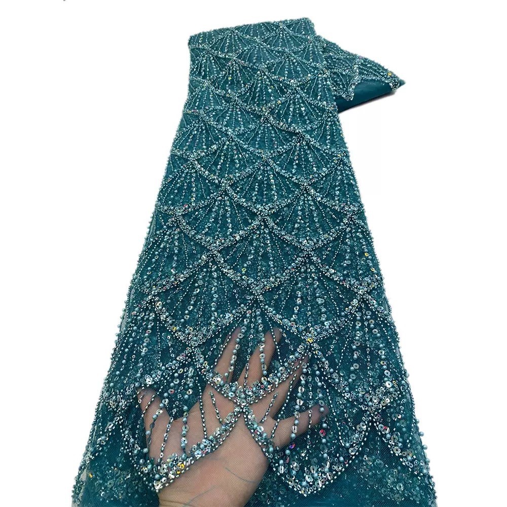 Luxury Lace Fabric Sequins Beaded Nigerian Bridal High Quality Tulle 5 yards