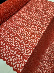 Red Beaded Lace Embroidery Fabric By The Yard Geometric Pattern Luxury Lace