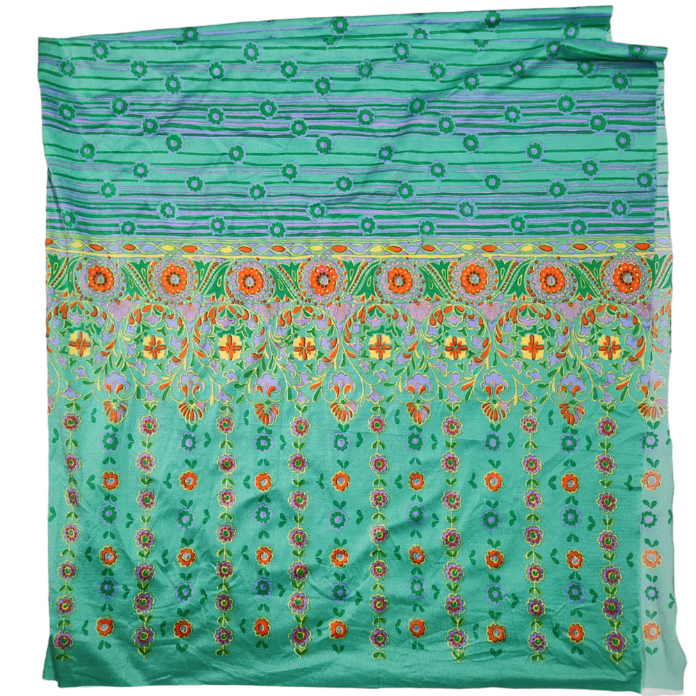 Vintage 70s Chrisali Nylon Poly Spandex Fabric 1.5yd Green Floral Border Stretch