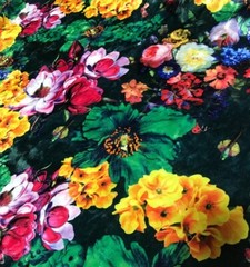 Black, Green, Yellow, Pink Multi Floral – Stretch Polyester Velvet Fabric