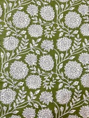 5 Yard Hand Block Green Floral Print Fabric Natural Handmade Cotton Indian Craft