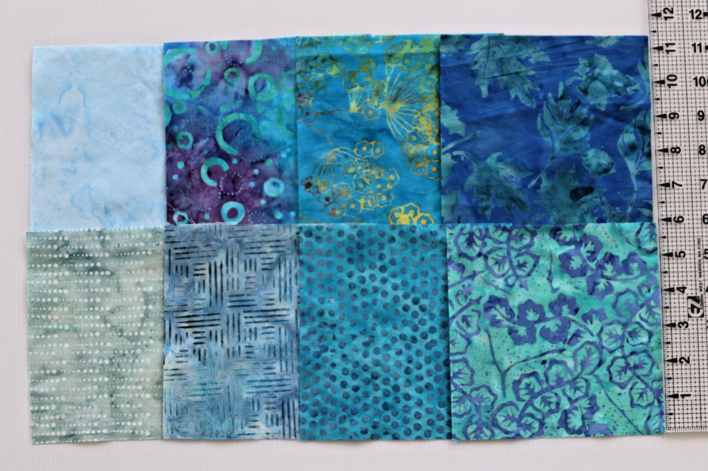 lot B – 8 blue aqua 6″ quilt squares cotton fabric- BATIK dots floral