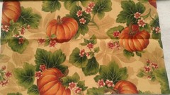 Fabric Red Rooster Autumn Pumpkins Flowers Asparagus Green Leaves on Tan $4.95