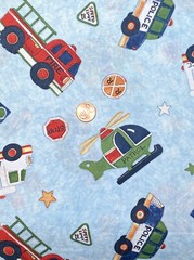 Serve & Protect Emergency Vehicles on Blue Nursery Fabric by Susan Winget, BTHY