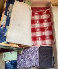 Box of Vintage Fabric Pieces, Quilt Pieces and Remnants 16 x 9 x 2″ 2 1/2 lbs