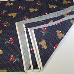 Vtg Cranston Print Works Teddy Bears Cherries Navy Polka Dot Fabric 58×73 2 Yds