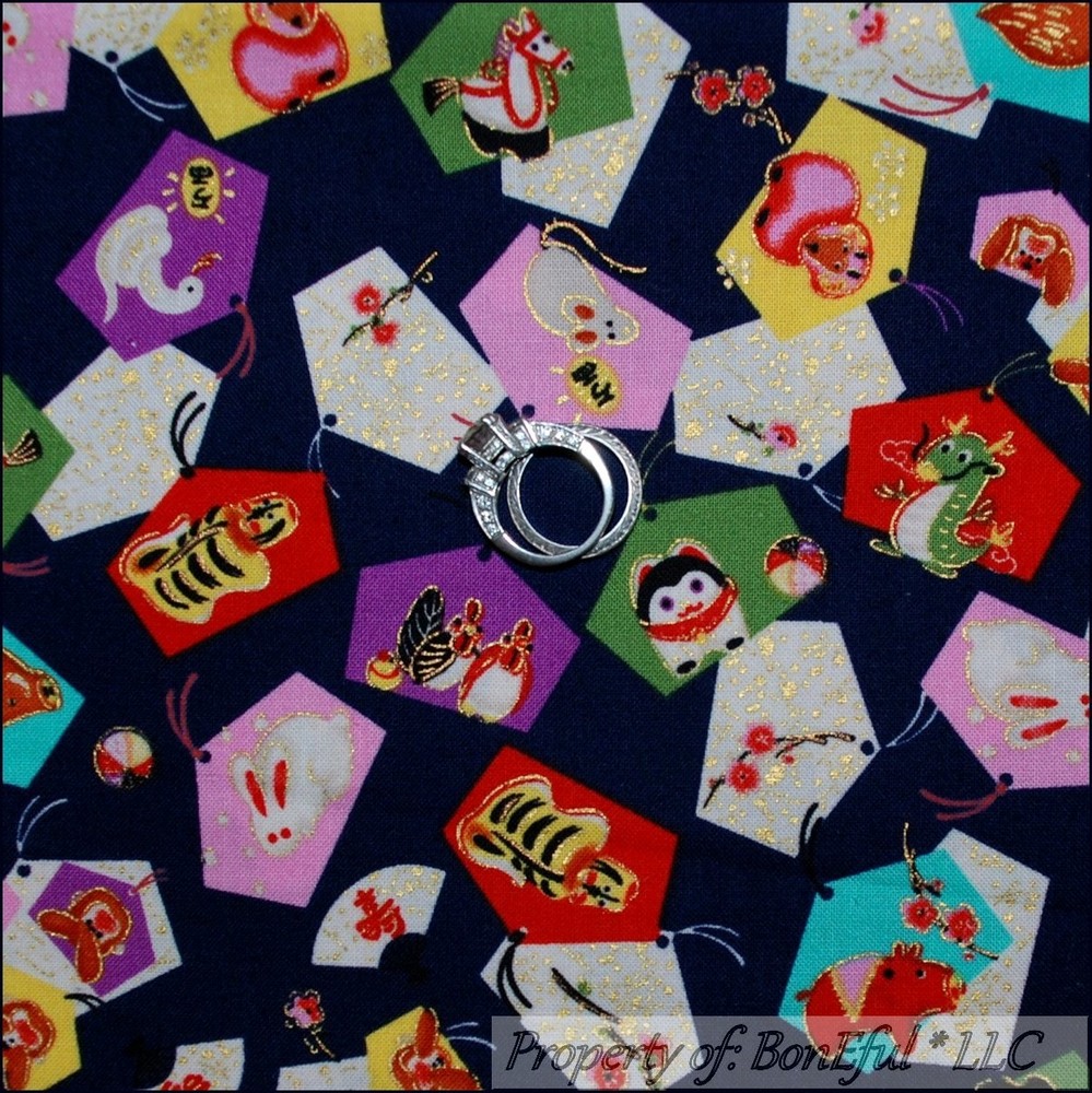 BonEful FABRIC FQ Cotton Quilt Blue Animal Fan Chinese China Zodiac Symbol Print