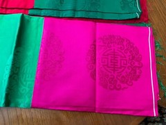 2 Pcs Korean Trad: Double-Sided Silk? Fabric 76″x58 each, Red/Green/Fuchsia New