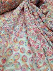 “White Mesh Fabric with Multicolor Floral Embroidery and Pastel Confetti: Sold b