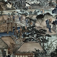 edo village japanese Outdoor scene trees houses bridge michael miller 2.75 Yards