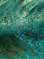 Emerald Green & Gold Leaves Damask – Faux Silk Brocade Jacquard Fabric