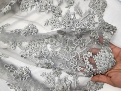 Silver Beaded Lace Fabric By The Yard 3d Floral Flowers Embroidery Sequins Prom