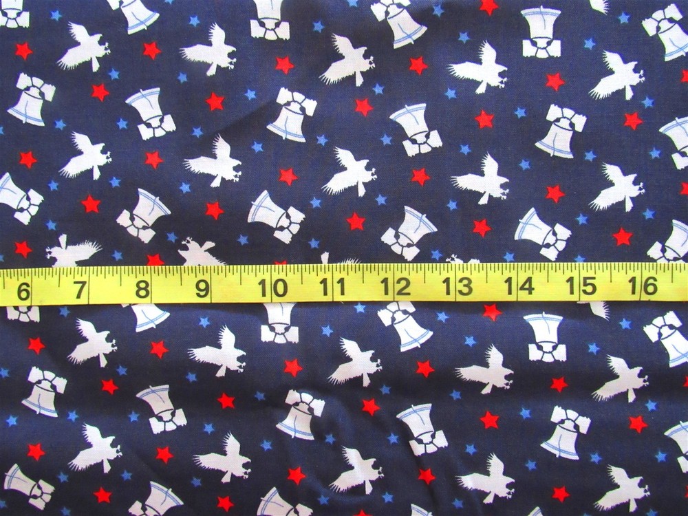 1 yd Cotton Patriotic Dark Blue with White Liberty Bells, Eagles Red/Blue Stars