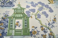 Harmony Bluebell Green Blue Gold Asian Pagoda Print on White Regal Fabric