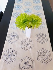 Sashiko table runner fabric Cream traditional hexagon patterns Pre-printed cotto