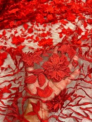 Nina RED Polyester 3D Floral Embroidery on Mesh Lace Fabric by the Yard – 10032