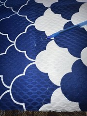 EUC 73”Lx44”W navy/white fish-scale/scallop pattern raised weave uphlstry fabric