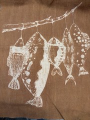 Primitive Hanging Fish Linen Fabric Panel | Rustic Folk Art Fabric | 13×17 Inch