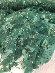 Emerald Green Lace 3d Butterflies on Mesh Prom Fabric Sold by the Yard Gown Quin